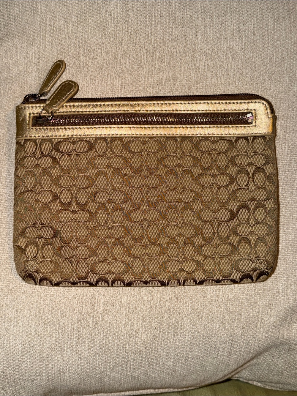 Coach Tan/Brown Signature Jacquard Wristlet with Gold Trim